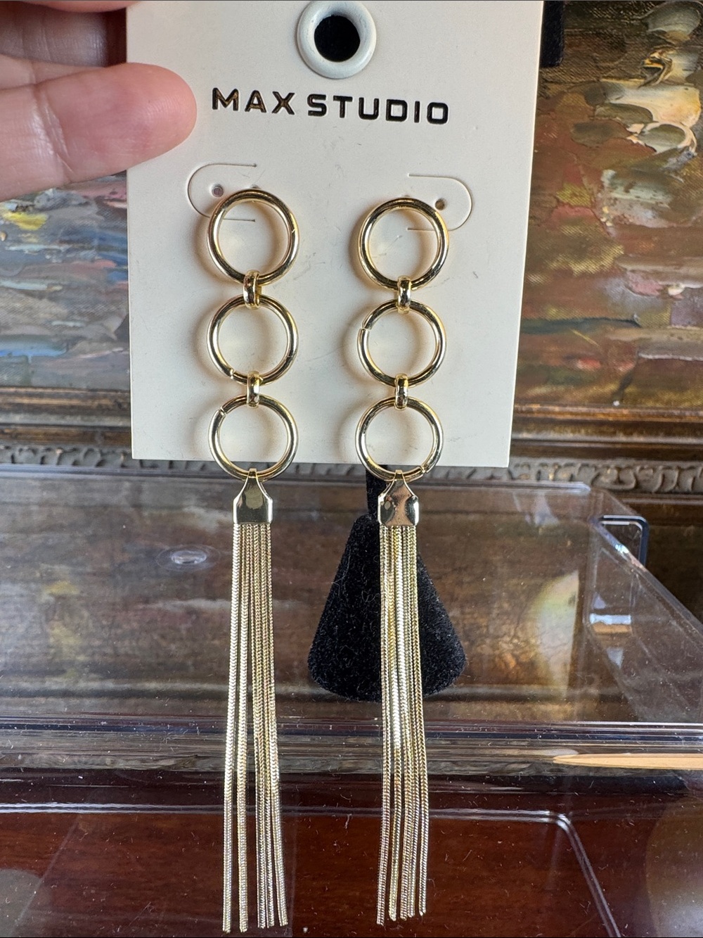 0521-Max Studio Gold Triple-Ring Tassel Drop Earrings
